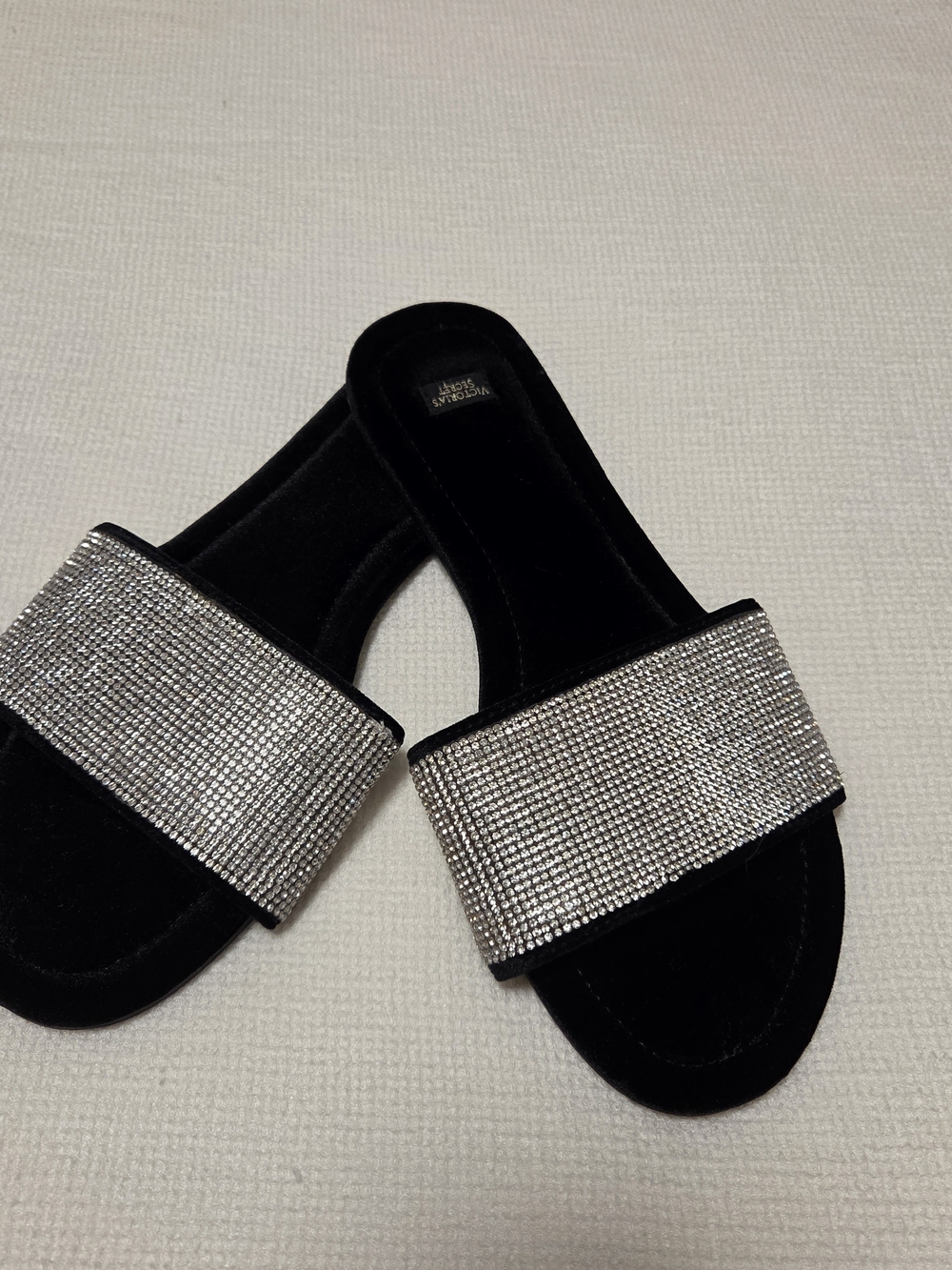 Embellished Black Slide Sandals with Silver Crystal Strap